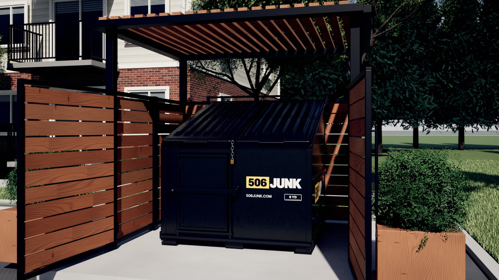 After: the same corner of the lot with a tidy cedar and black steel enclosure and planters