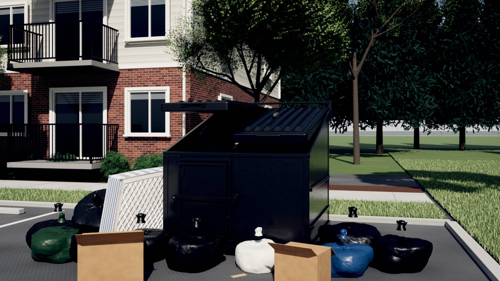 Before: an overflowing bare bin with garbage bags, boxes and a mattress piled beside it in an apartment lot