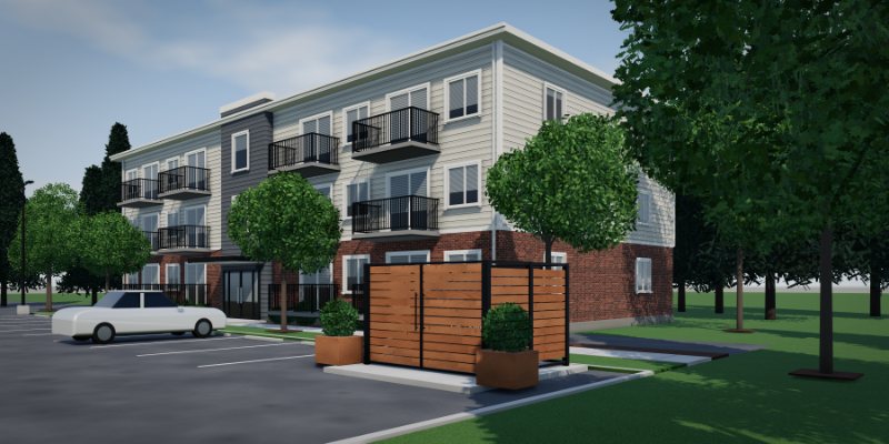 Three-storey Moncton walk-up apartment with a cedar and black steel bin enclosure at the edge of its parking lot.