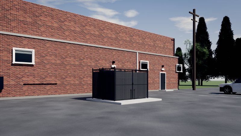 Chain-link enclosure with black privacy slats around a black bin