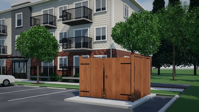 Cedar board-on-board enclosure around a black bin